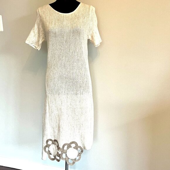 NWT Italian Asymmetric Knit Linen Dress with Handmade Floral Applique L cream - Picture 7 of 9